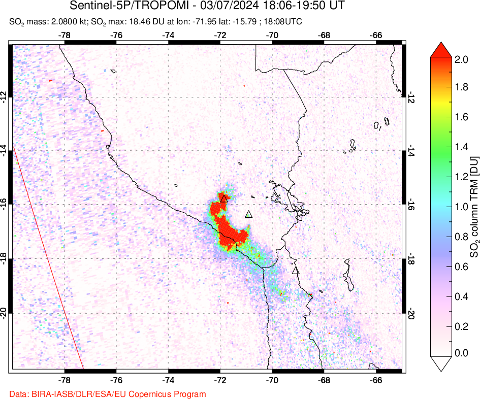 A sulfur dioxide image over Peru on Mar 07, 2024.