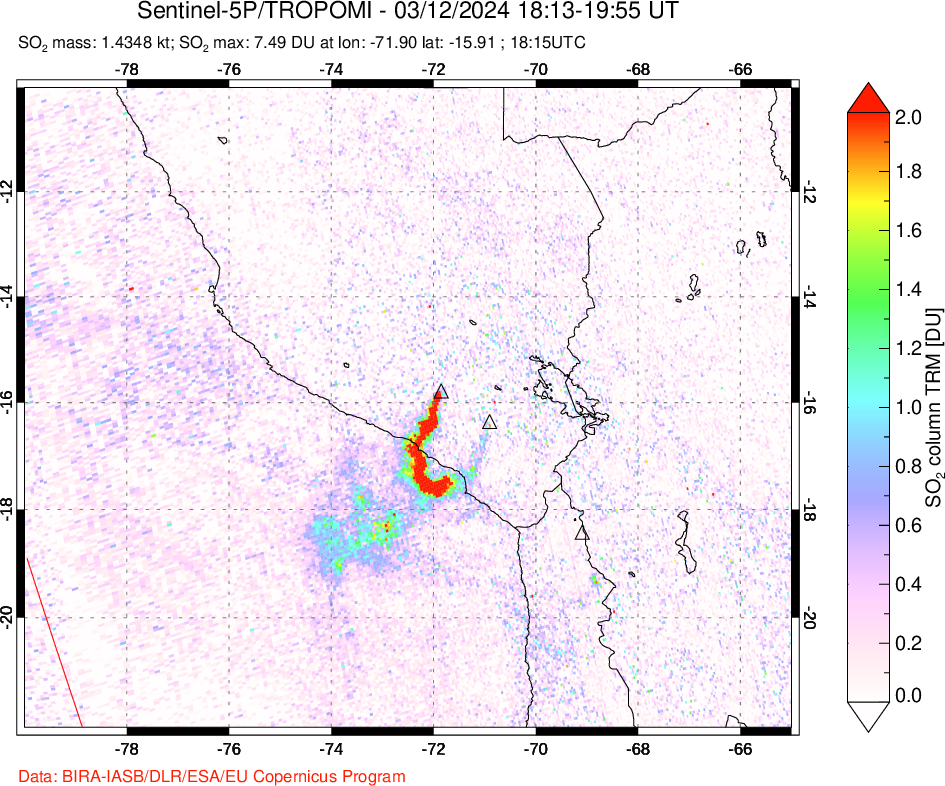 A sulfur dioxide image over Peru on Mar 12, 2024.