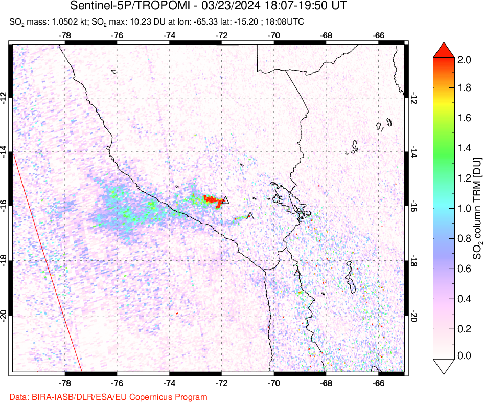 A sulfur dioxide image over Peru on Mar 23, 2024.