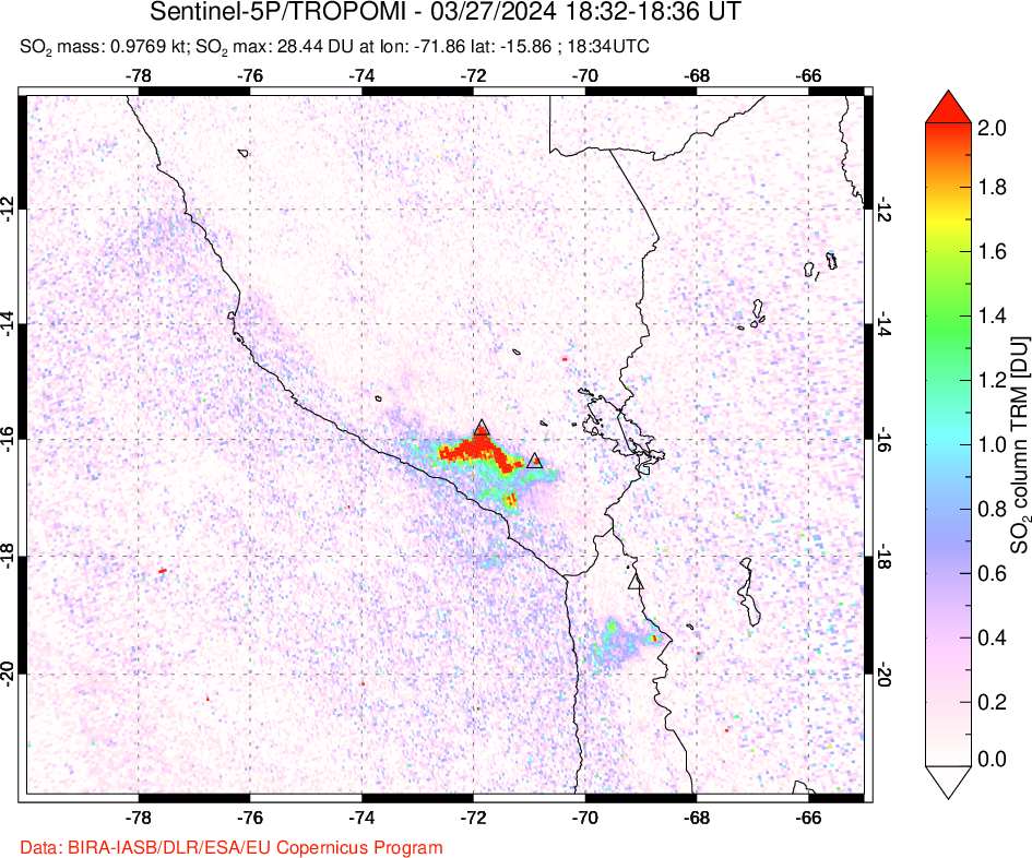 A sulfur dioxide image over Peru on Mar 27, 2024.