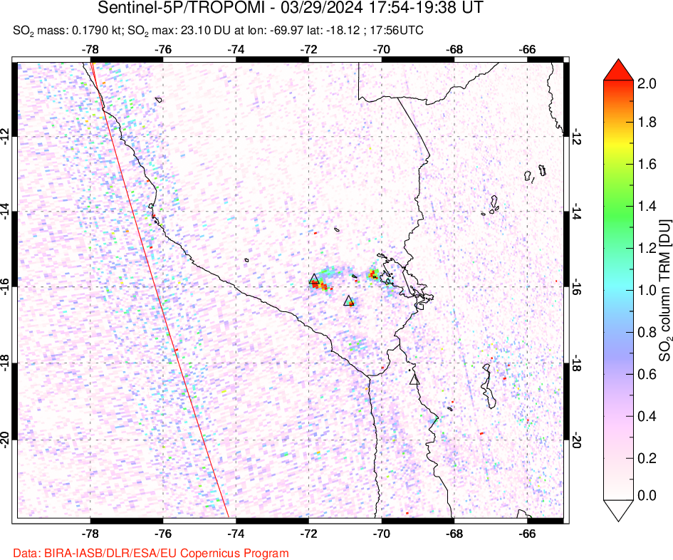 A sulfur dioxide image over Peru on Mar 29, 2024.