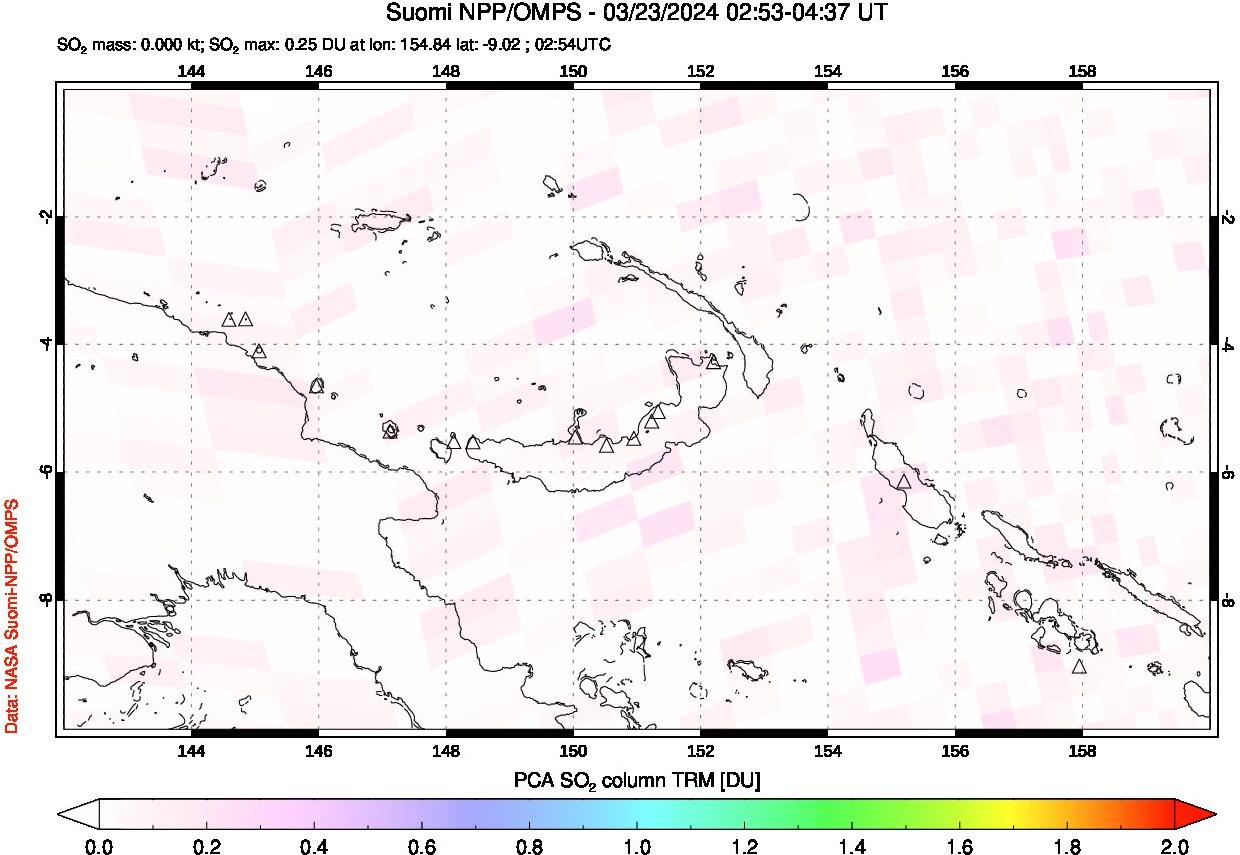A sulfur dioxide image over Papua, New Guinea on Mar 23, 2024.