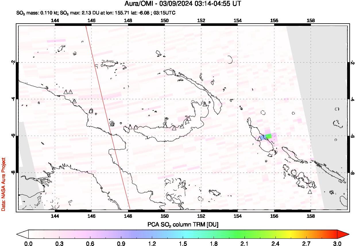 A sulfur dioxide image over Papua, New Guinea on Mar 09, 2024.