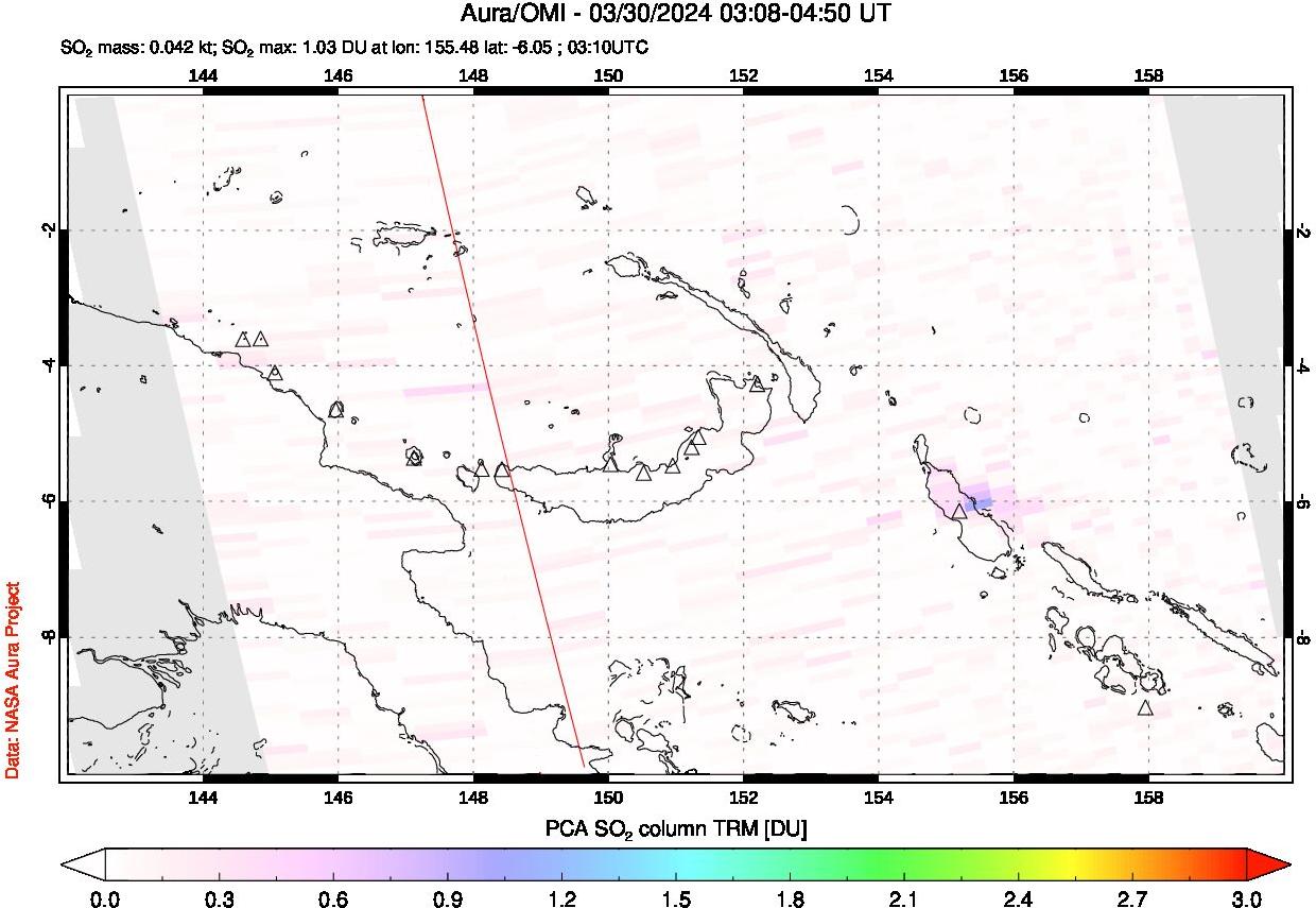 A sulfur dioxide image over Papua, New Guinea on Mar 30, 2024.