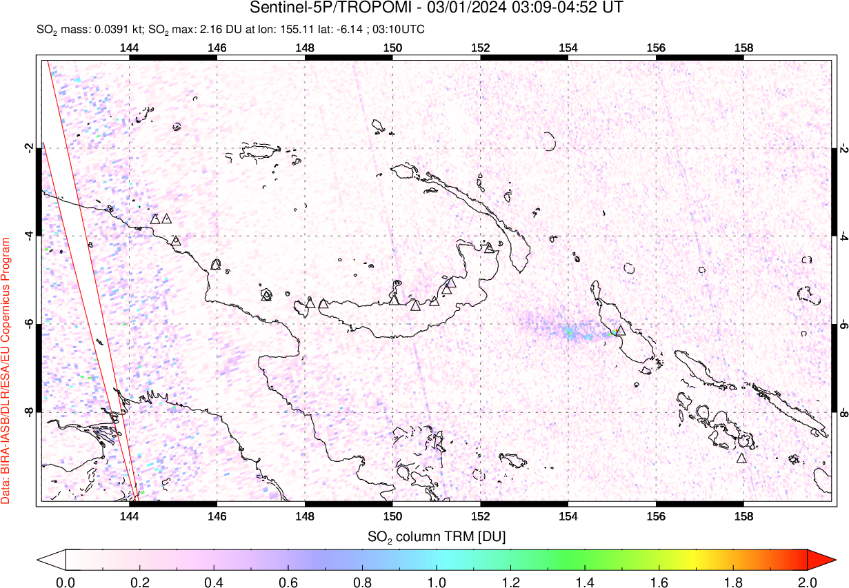 A sulfur dioxide image over Papua, New Guinea on Mar 01, 2024.