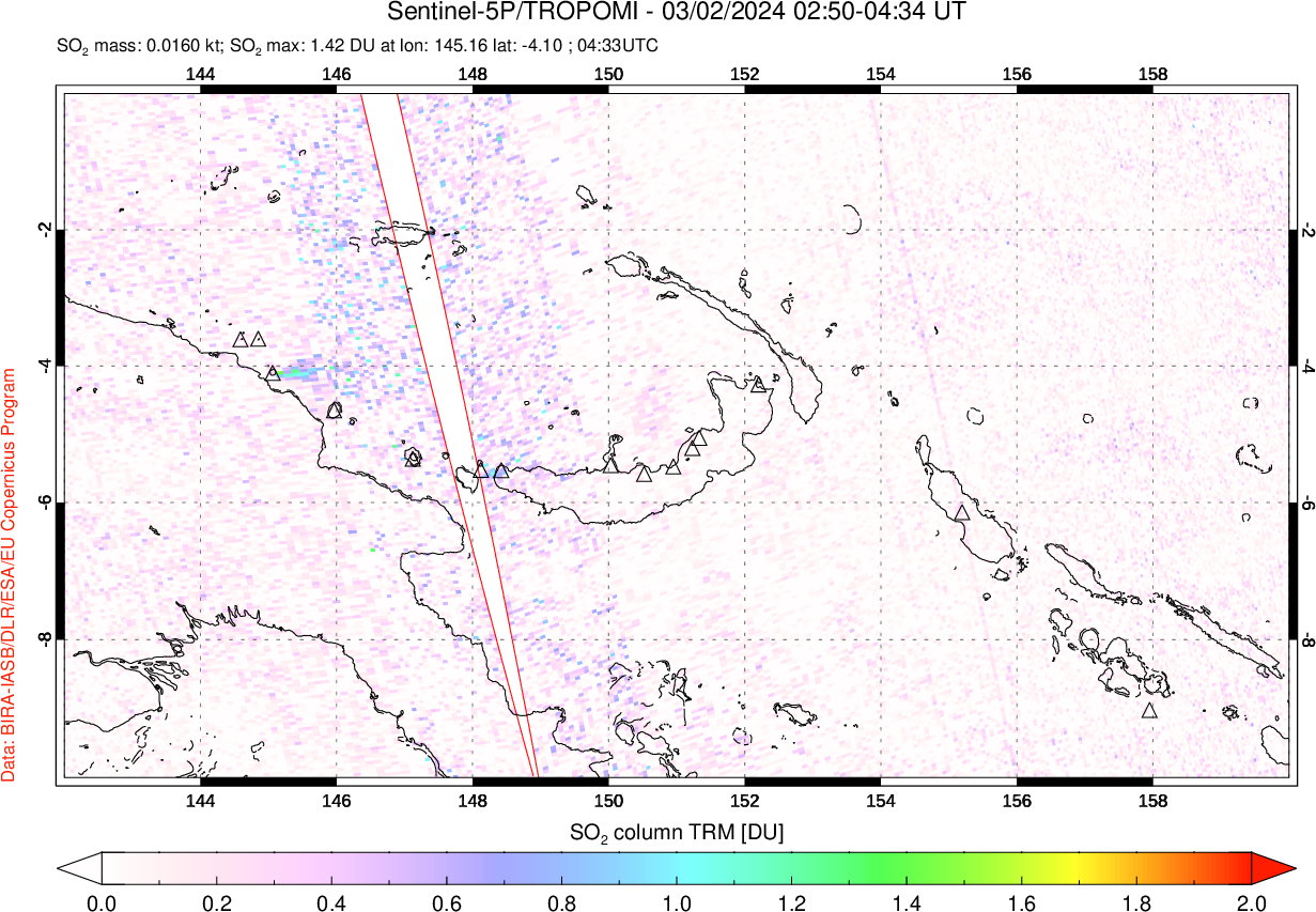A sulfur dioxide image over Papua, New Guinea on Mar 02, 2024.