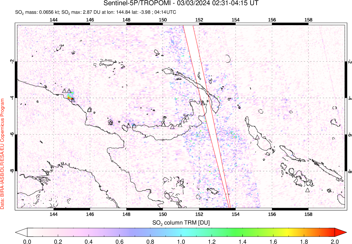 A sulfur dioxide image over Papua, New Guinea on Mar 03, 2024.