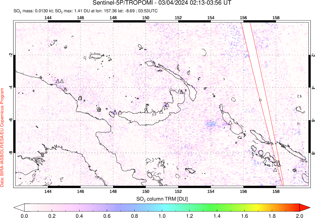 A sulfur dioxide image over Papua, New Guinea on Mar 04, 2024.