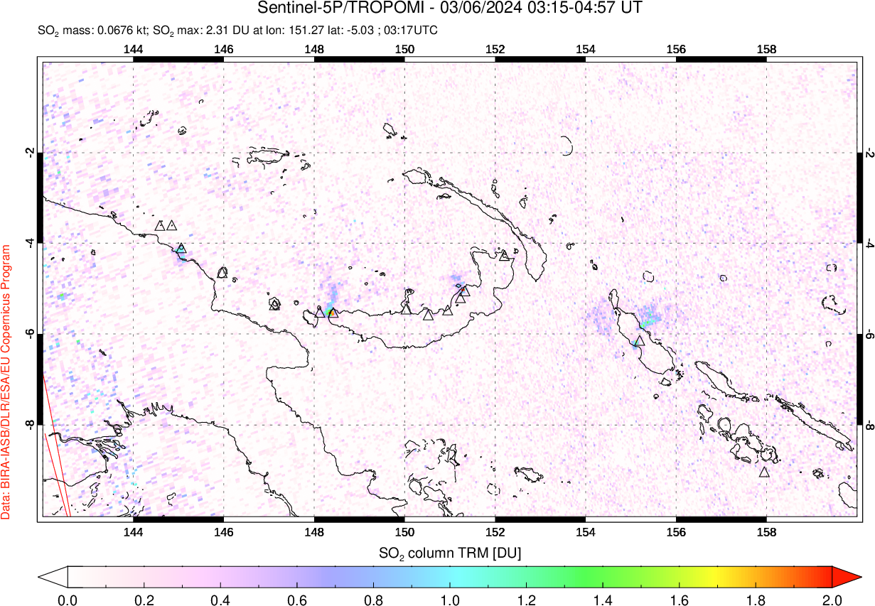 A sulfur dioxide image over Papua, New Guinea on Mar 06, 2024.