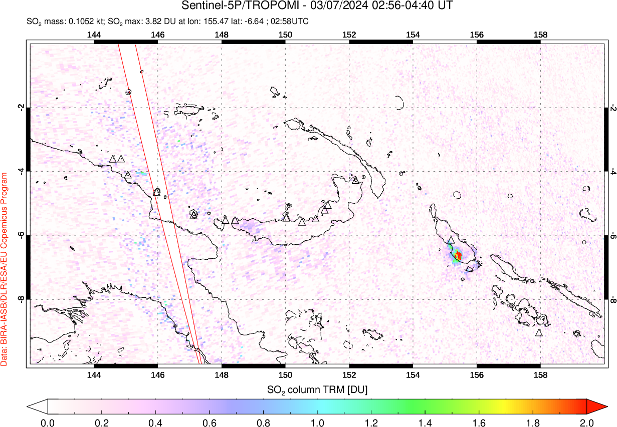 A sulfur dioxide image over Papua, New Guinea on Mar 07, 2024.