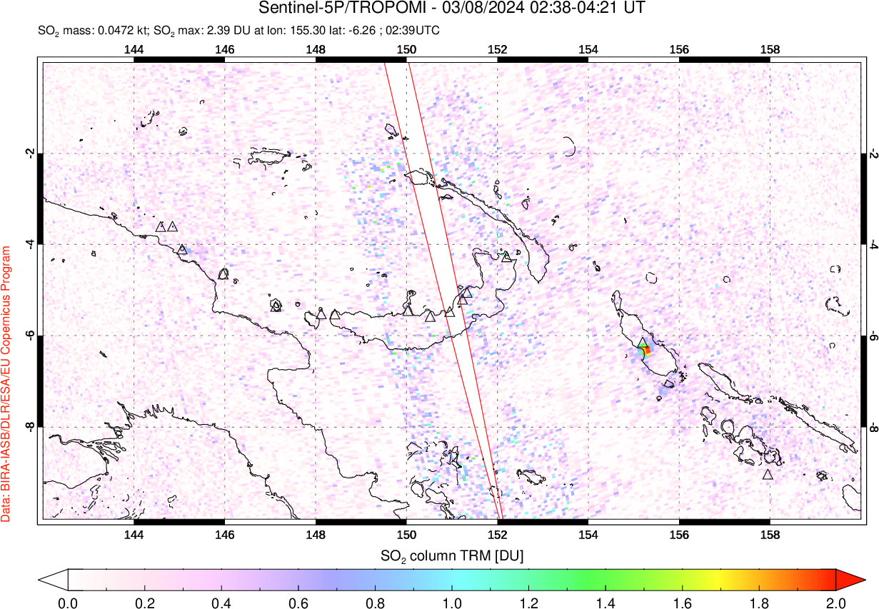 A sulfur dioxide image over Papua, New Guinea on Mar 08, 2024.