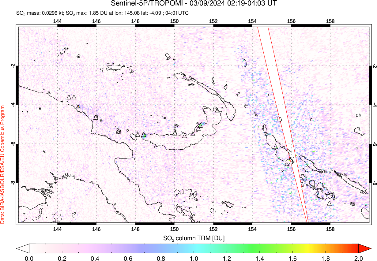 A sulfur dioxide image over Papua, New Guinea on Mar 09, 2024.