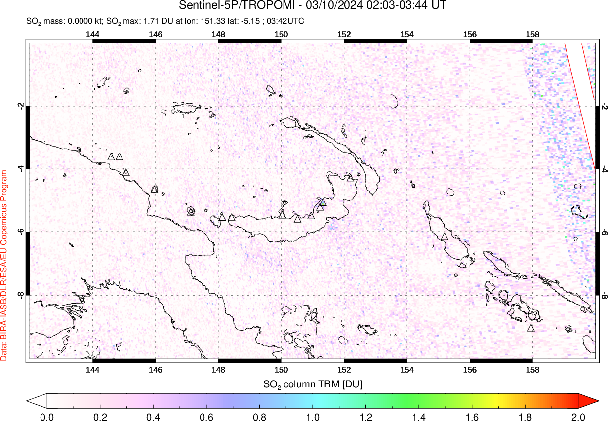 A sulfur dioxide image over Papua, New Guinea on Mar 10, 2024.