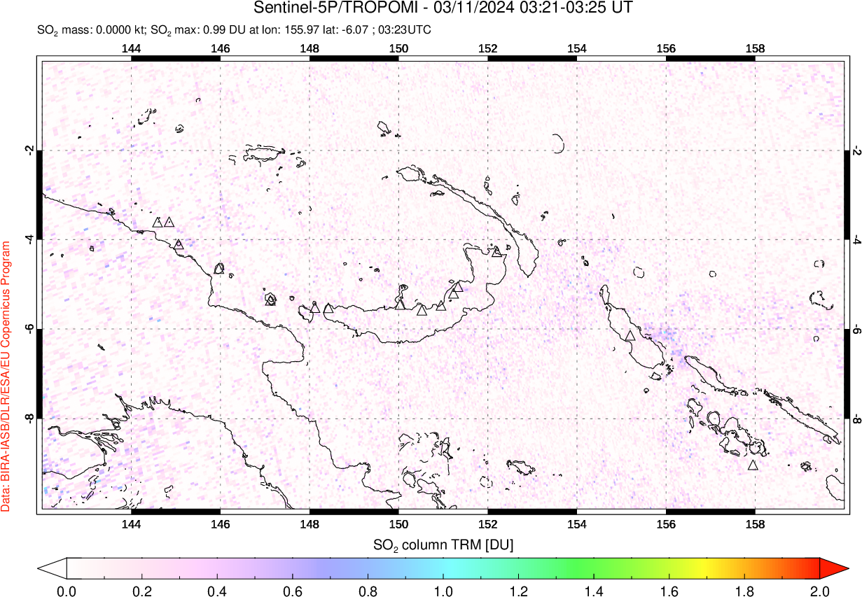 A sulfur dioxide image over Papua, New Guinea on Mar 11, 2024.