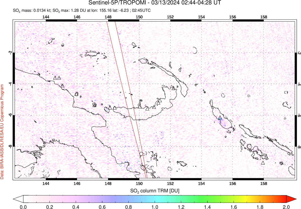 A sulfur dioxide image over Papua, New Guinea on Mar 13, 2024.