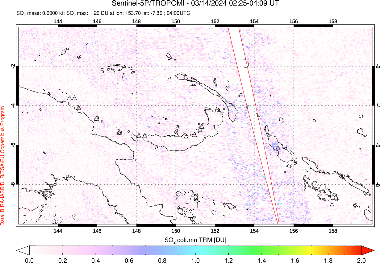 A sulfur dioxide image over Papua, New Guinea on Mar 14, 2024.