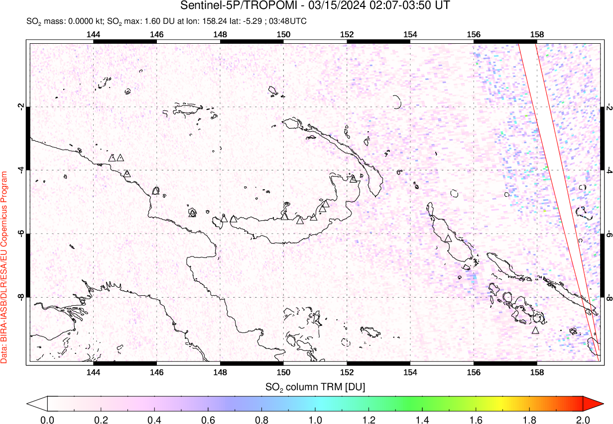 A sulfur dioxide image over Papua, New Guinea on Mar 15, 2024.