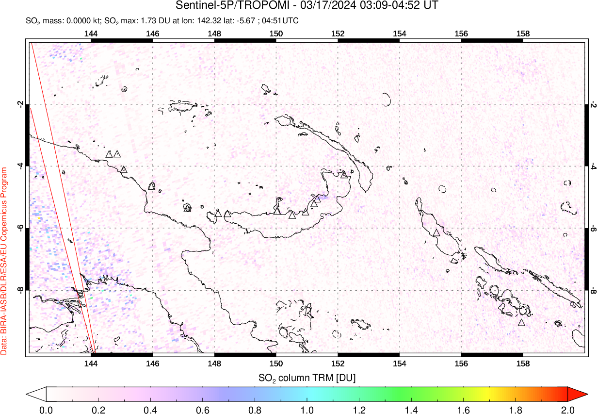 A sulfur dioxide image over Papua, New Guinea on Mar 17, 2024.