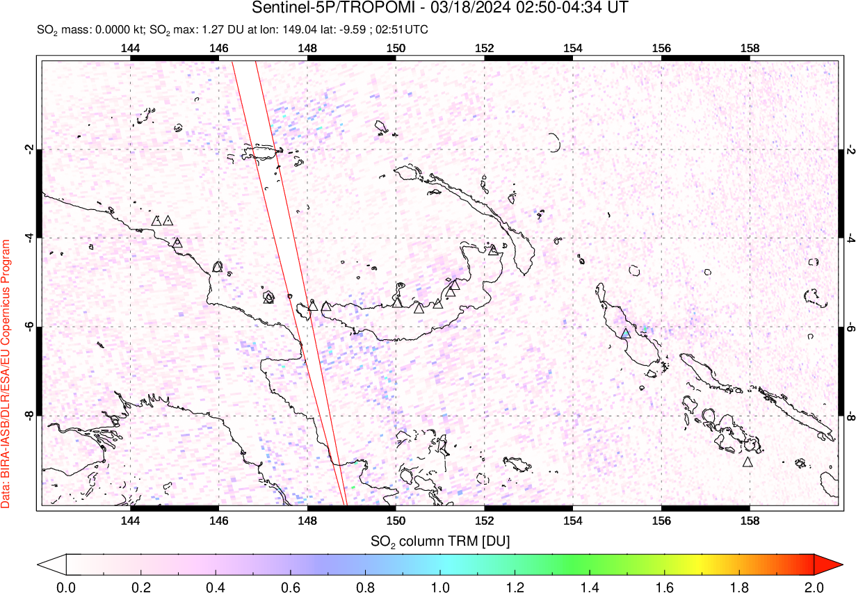 A sulfur dioxide image over Papua, New Guinea on Mar 18, 2024.