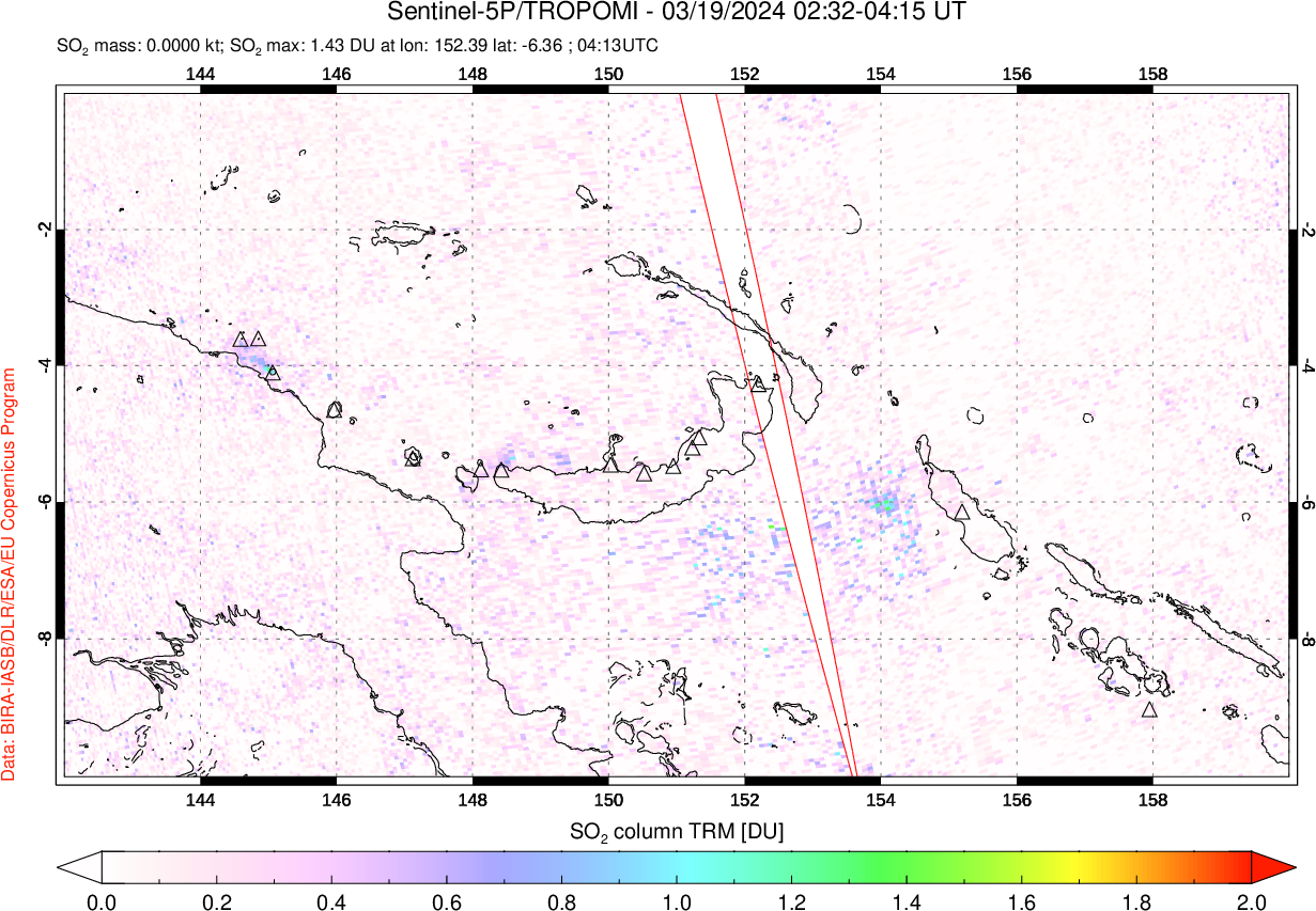 A sulfur dioxide image over Papua, New Guinea on Mar 19, 2024.
