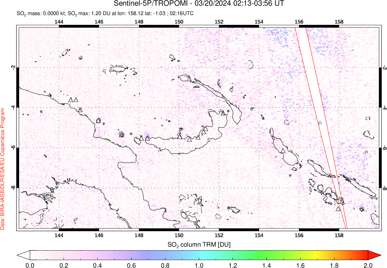 A sulfur dioxide image over Papua, New Guinea on Mar 20, 2024.