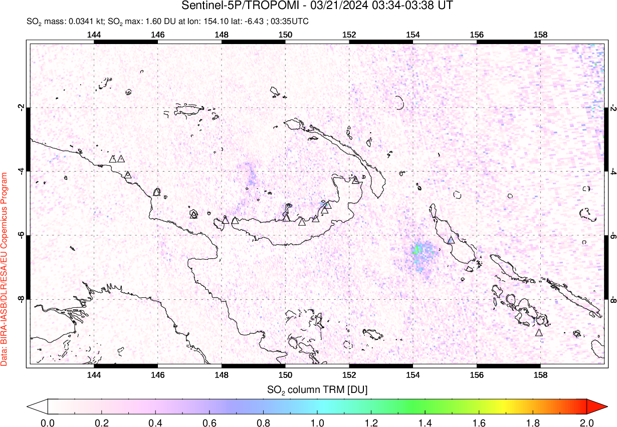 A sulfur dioxide image over Papua, New Guinea on Mar 21, 2024.