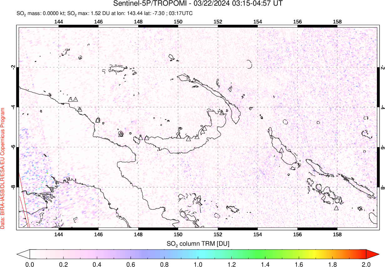 A sulfur dioxide image over Papua, New Guinea on Mar 22, 2024.