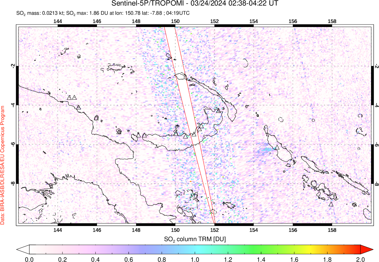 A sulfur dioxide image over Papua, New Guinea on Mar 24, 2024.