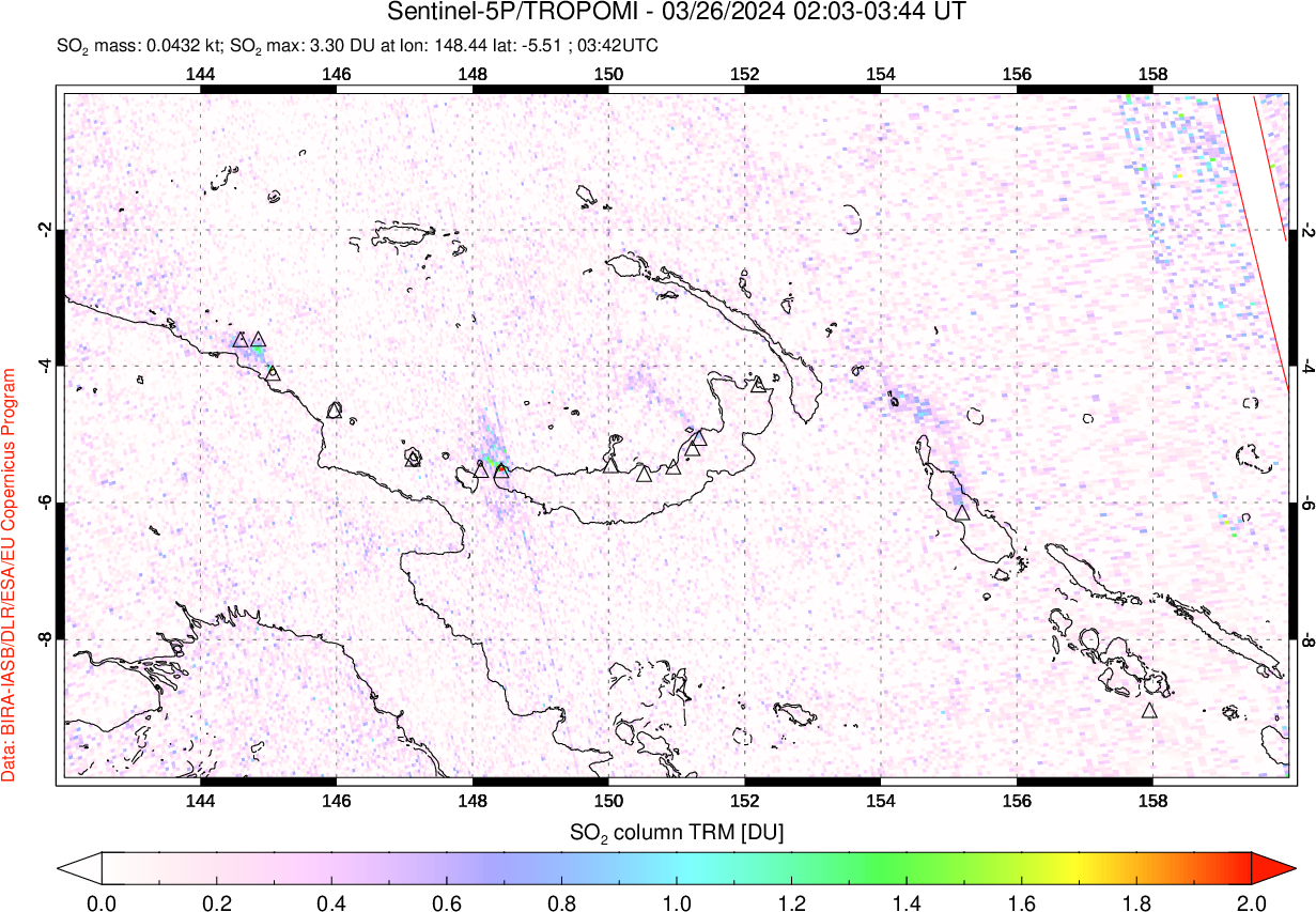 A sulfur dioxide image over Papua, New Guinea on Mar 26, 2024.