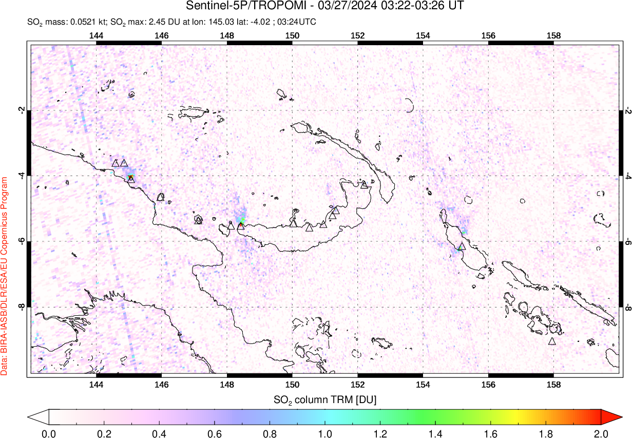 A sulfur dioxide image over Papua, New Guinea on Mar 27, 2024.
