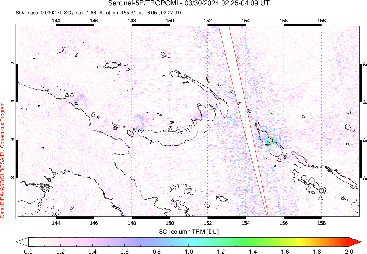 A sulfur dioxide image over Papua, New Guinea on Mar 30, 2024.