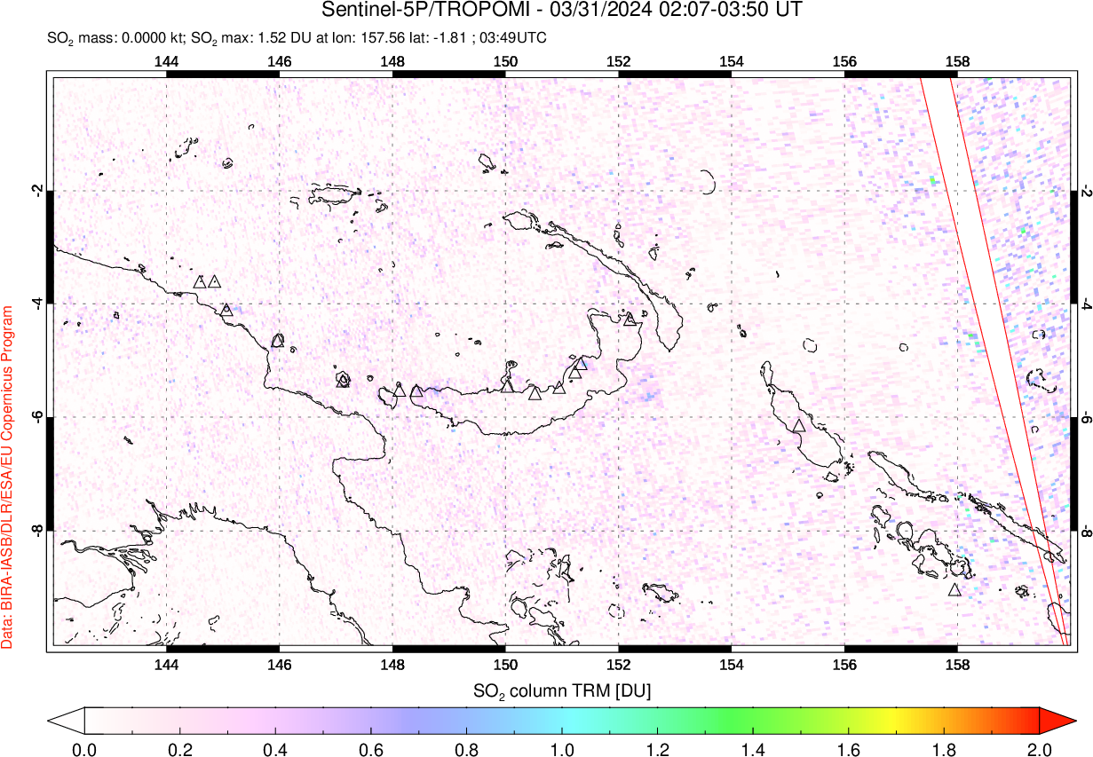 A sulfur dioxide image over Papua, New Guinea on Mar 31, 2024.