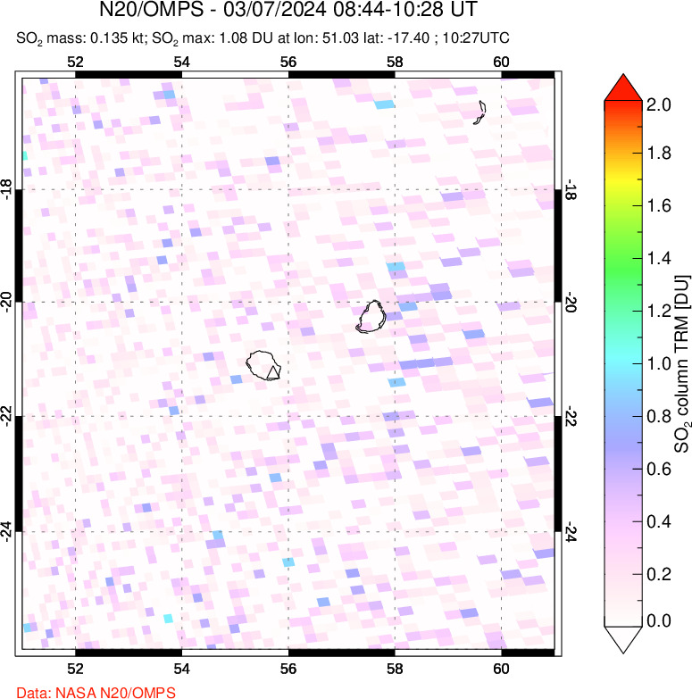 A sulfur dioxide image over Reunion Island, Indian Ocean on Mar 07, 2024.