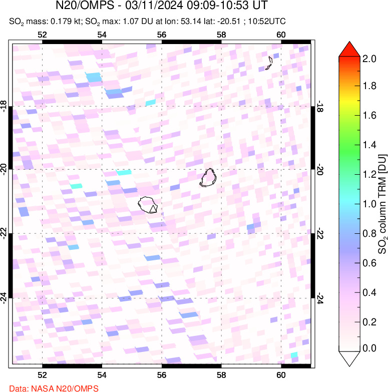 A sulfur dioxide image over Reunion Island, Indian Ocean on Mar 11, 2024.