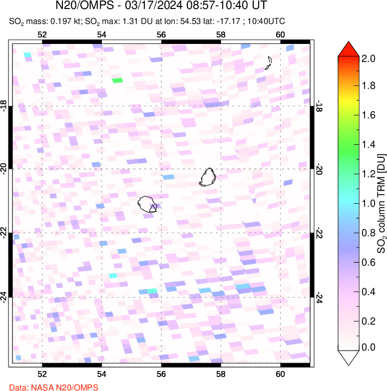 A sulfur dioxide image over Reunion Island, Indian Ocean on Mar 17, 2024.