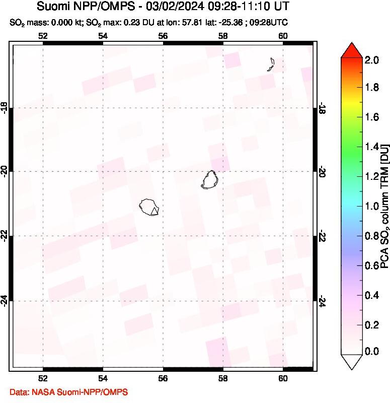 A sulfur dioxide image over Reunion Island, Indian Ocean on Mar 02, 2024.