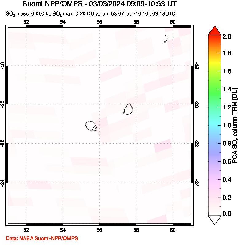 A sulfur dioxide image over Reunion Island, Indian Ocean on Mar 03, 2024.