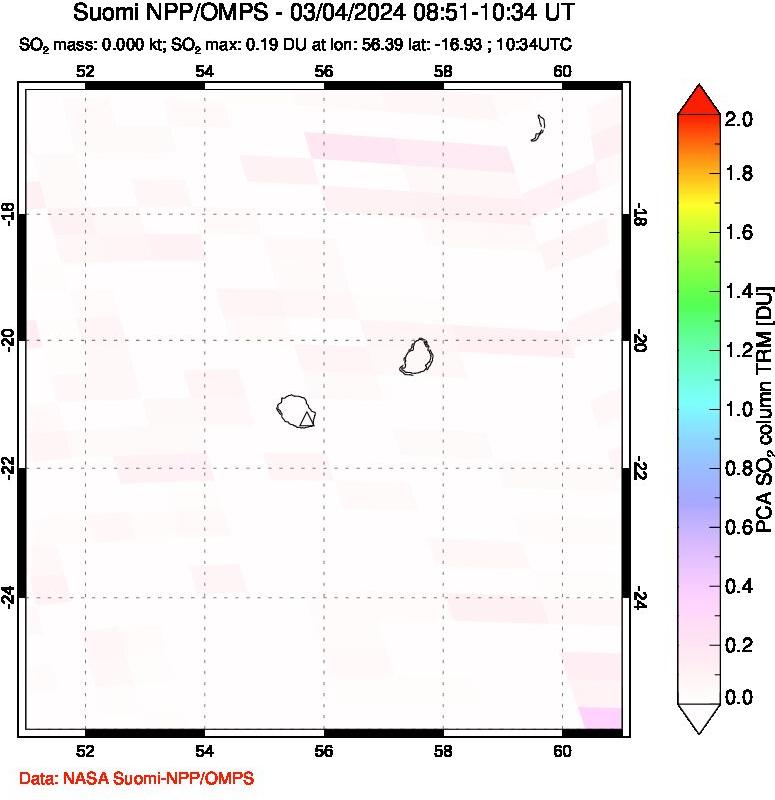 A sulfur dioxide image over Reunion Island, Indian Ocean on Mar 04, 2024.