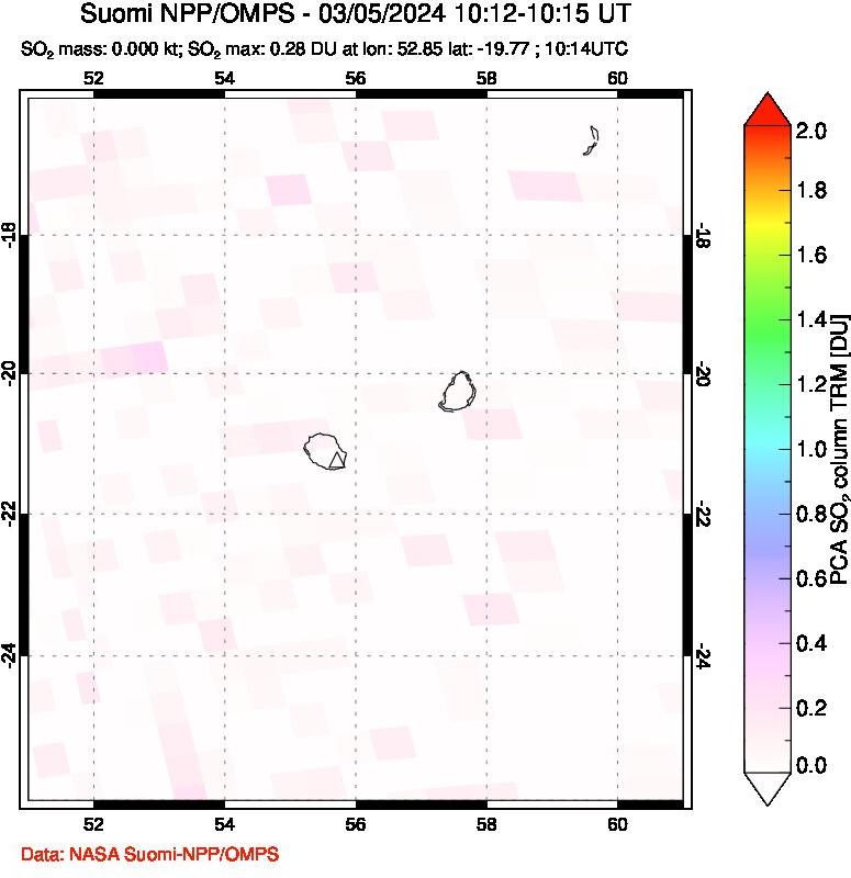 A sulfur dioxide image over Reunion Island, Indian Ocean on Mar 05, 2024.