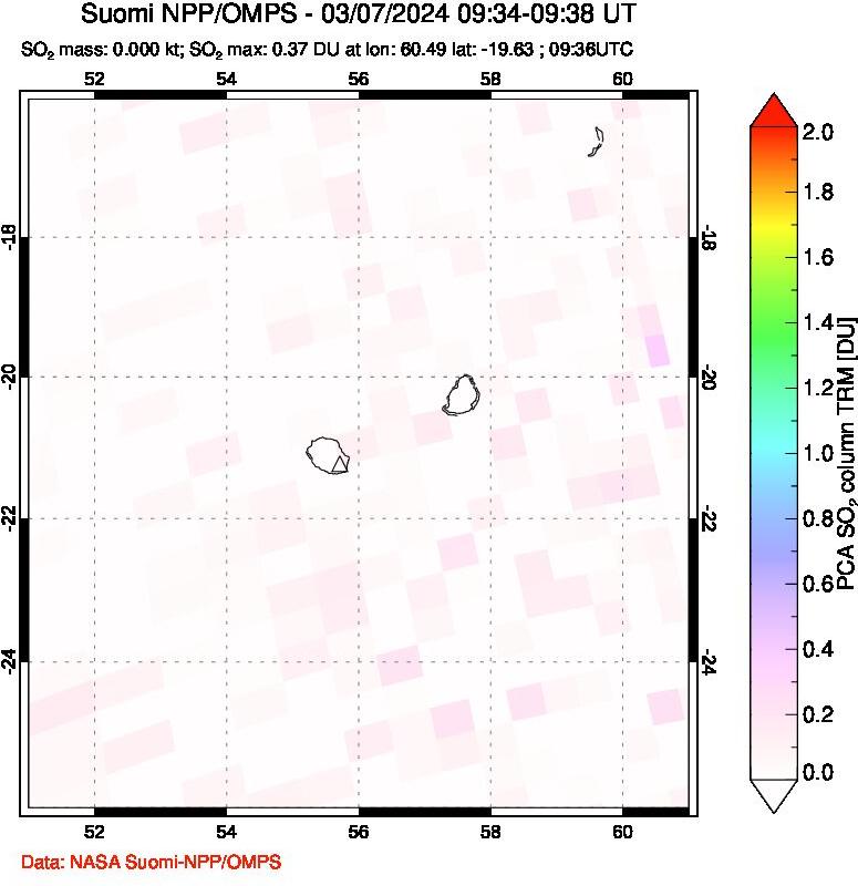 A sulfur dioxide image over Reunion Island, Indian Ocean on Mar 07, 2024.