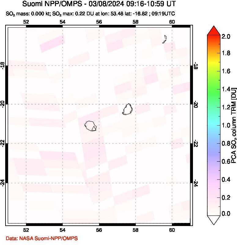 A sulfur dioxide image over Reunion Island, Indian Ocean on Mar 08, 2024.