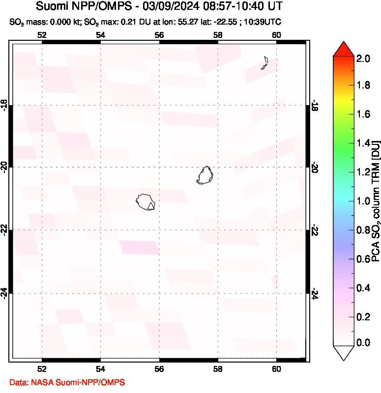 A sulfur dioxide image over Reunion Island, Indian Ocean on Mar 09, 2024.