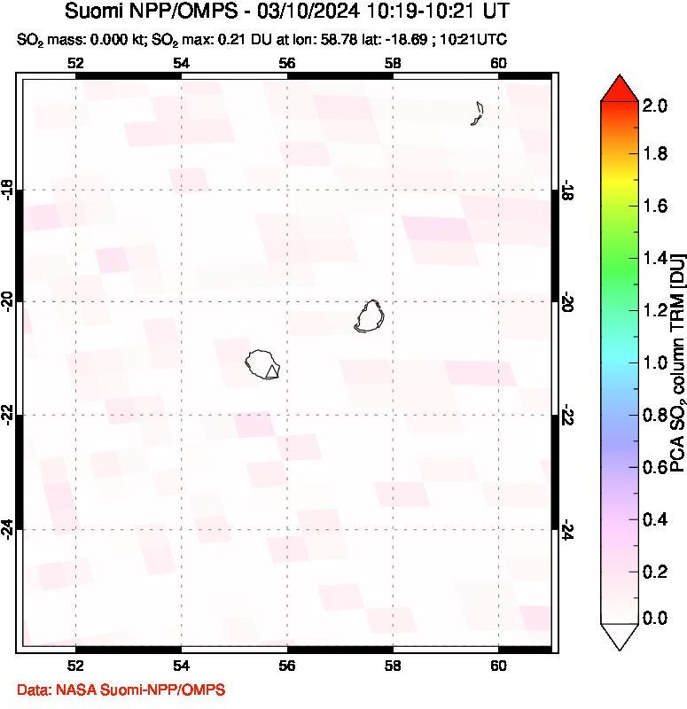 A sulfur dioxide image over Reunion Island, Indian Ocean on Mar 10, 2024.