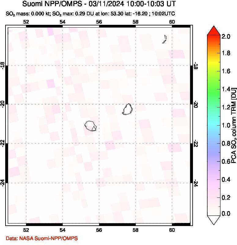 A sulfur dioxide image over Reunion Island, Indian Ocean on Mar 11, 2024.