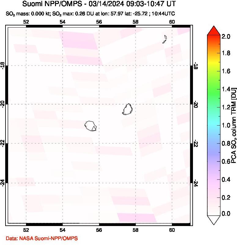 A sulfur dioxide image over Reunion Island, Indian Ocean on Mar 14, 2024.