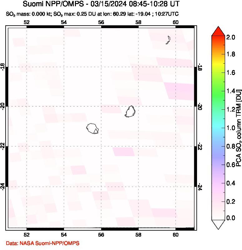 A sulfur dioxide image over Reunion Island, Indian Ocean on Mar 15, 2024.