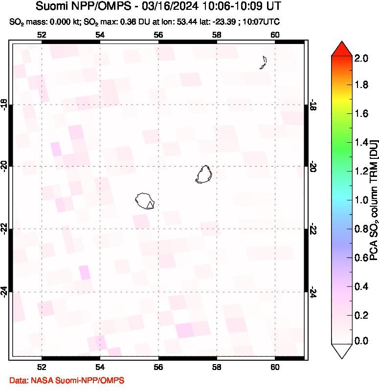 A sulfur dioxide image over Reunion Island, Indian Ocean on Mar 16, 2024.