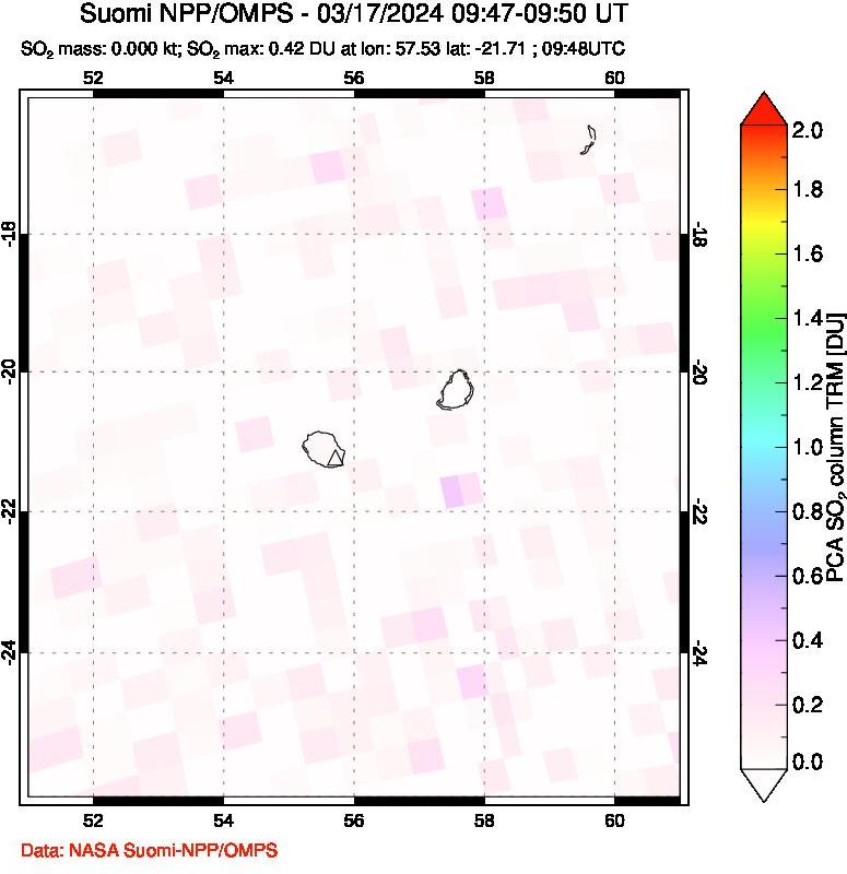 A sulfur dioxide image over Reunion Island, Indian Ocean on Mar 17, 2024.