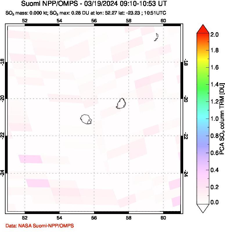 A sulfur dioxide image over Reunion Island, Indian Ocean on Mar 19, 2024.