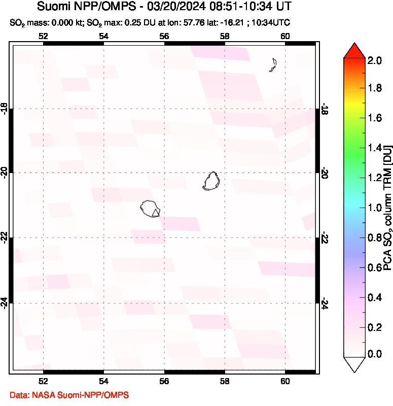 A sulfur dioxide image over Reunion Island, Indian Ocean on Mar 20, 2024.